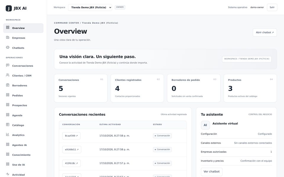 Panel de JBX AI con el resumen de una tienda de demostración ficticia